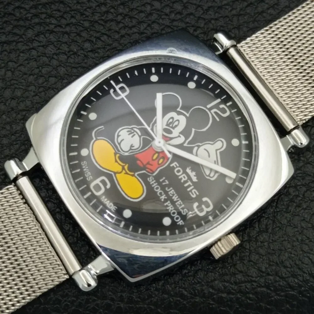 Vintage 1970 Disney Fortis Manual Mens Silver Watch W/Metal Strap & Mickey